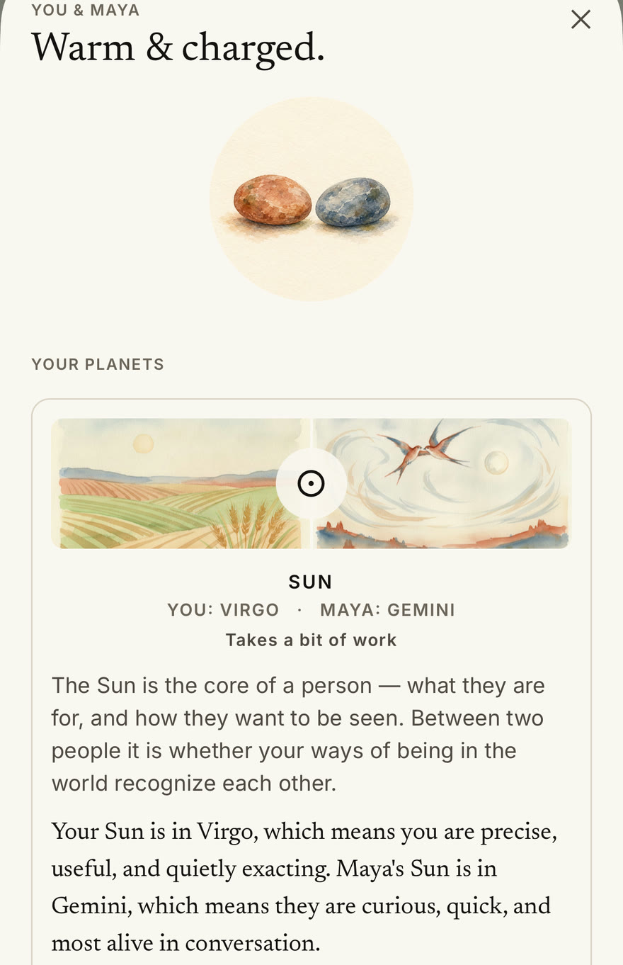 Trine's compatibility page for You and Maya, headed Warm and charged, with watercolor scenes for each person's Sun sign and a plain explanation of how a Virgo Sun and a Gemini Sun get along.