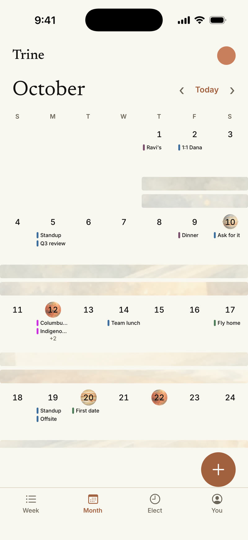 Trine's month view for October: work, personal and family events in their own colours, watercolor transit bands painted behind the weeks, and a small painted planet behind the dates when a transit is exact.
