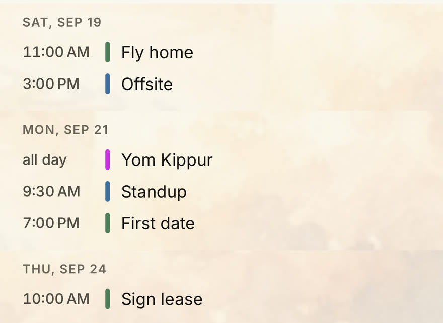 Trine's schedule: Saturday's flight and offsite, Monday's standup and first date, Thursday's lease signing, with soft watercolor sky painted behind the days.